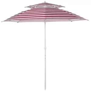 Image of Outsunny Arc. 240cm Beach Umbrella Double-top Canopy Adjustable Height with Carry Bag for Beach Patio Garden Outdoor Red Stripe