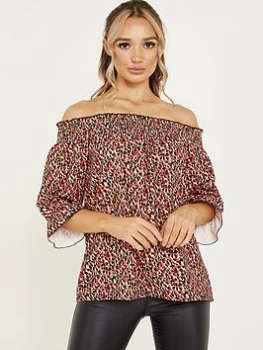 Image of Quiz Red Leopard Print Bardot Top - 8