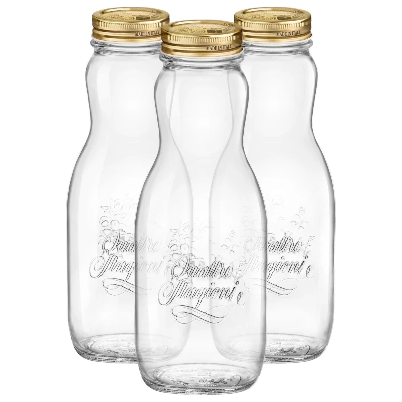 Image of Bormioli Rocco Quattro Stagioni Glass Juice Bottles with Screw Top Lid - 1L - Pack of 3 Clear