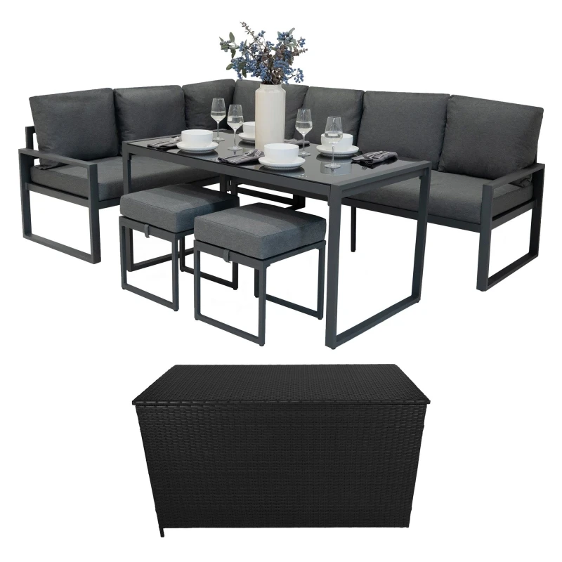 Image of Monstershop Aluminium Corner Sofa Set With Black Rattan Storage Box - Anthracite in Grey Grey Unisex
