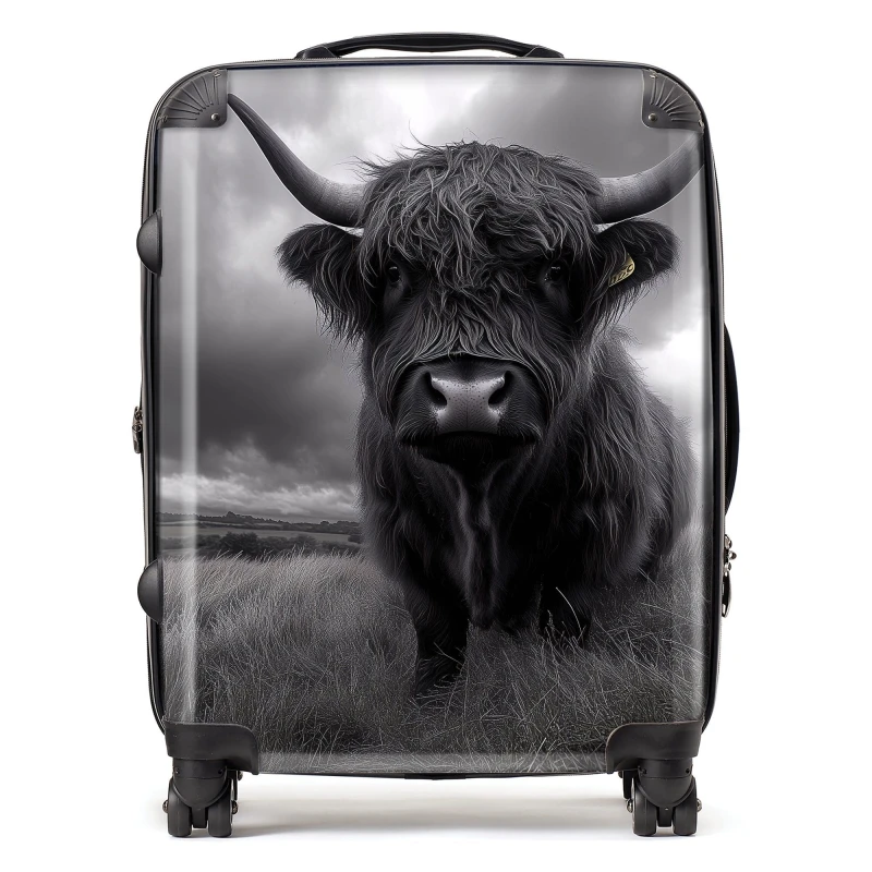 Image of Warren Reed - Designer Black & White Highland Cow Suitcase in Grey Size: Large Grey Unisex Large