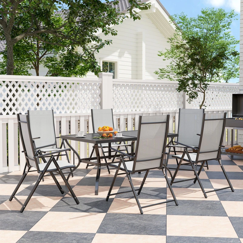 Image of Outsunny 7 PCs Garden Dining Set, Folding Chairs and Metal Top Table, Grey Grey