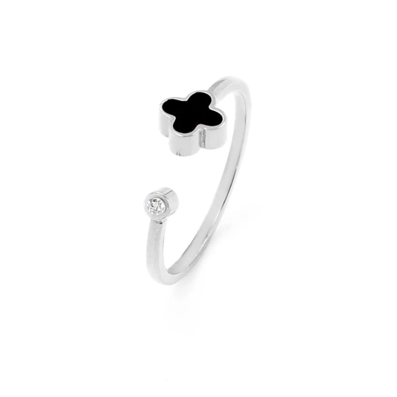 Image of Say It With Graphite Crystal Clover Ring - Silver Size: Adjustable Silver Unisex Adjustable