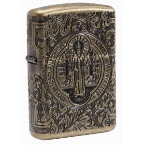 Image of Zippo St Benedict Medal Antique Brass Finish Windproof Lighter