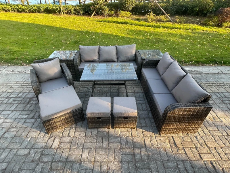 Image of Fimous Wicker 9 Pieces Rattan Garden Furniture Sofa Set with Rectangular Dining Table Armchair 3 Footstools 2 Side Tables Dark Grey Mixed Dark Grey