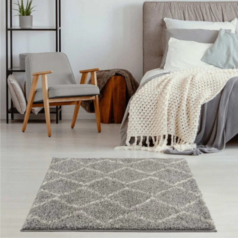 Image of THE RUGS Moroccan Soft Shaggy Rugs & Runners Grey & Ivory Living Room Size: 120cm x 120cm Grey Unisex 120cm x 120 cm