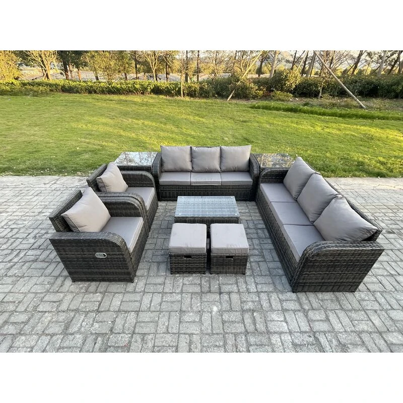 Image of Fimous Rattan Outdoor Garden Furniture Sofa Set Patio Table & Chairs Set with 3 Seater Sofa Reclining Chair Small Footstools 3 Seater Sofa 2 Side Tabl