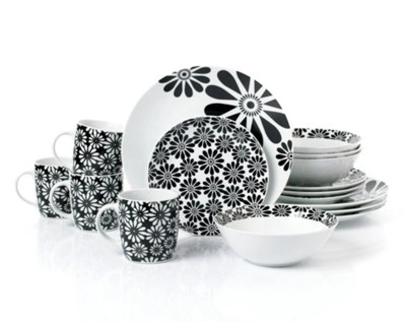 Image of 16Pc Kira Black Flower Dinner Set