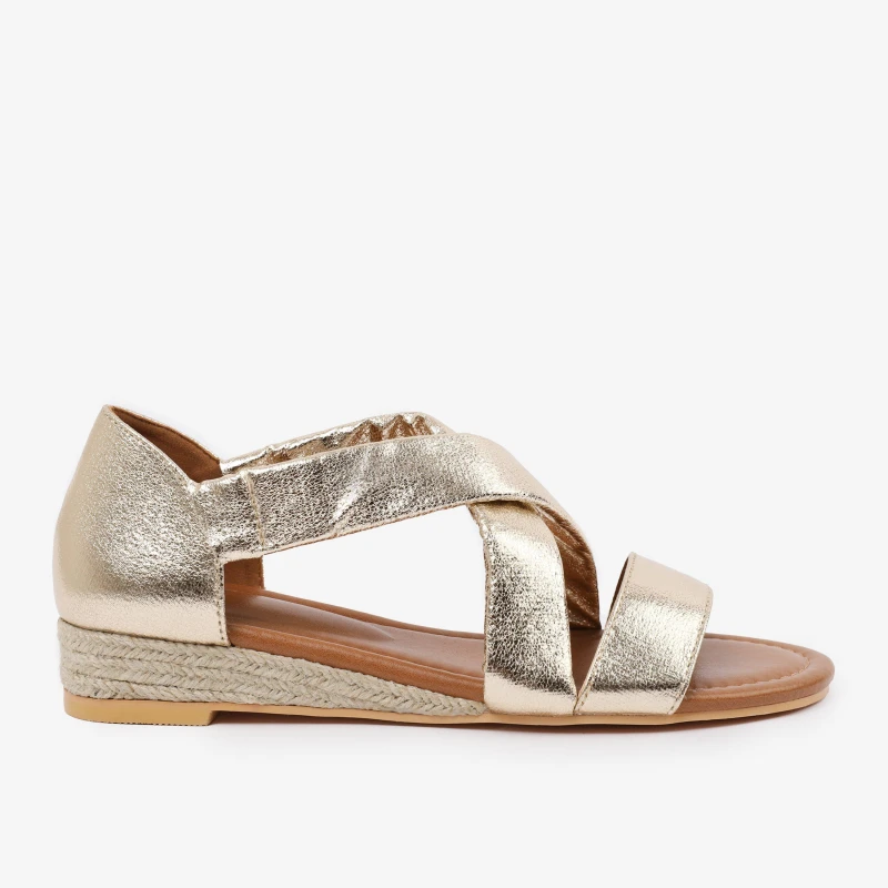 Image of Where's That From 'Hummingbird' Low Wedge Shoes With Cross Over Strap Gold
