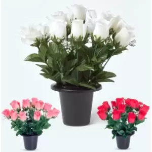 Image of Homescapes - Set of 3 Red, Pink & White Rose and Gypsophila Artificial Flowers in Grave Vases