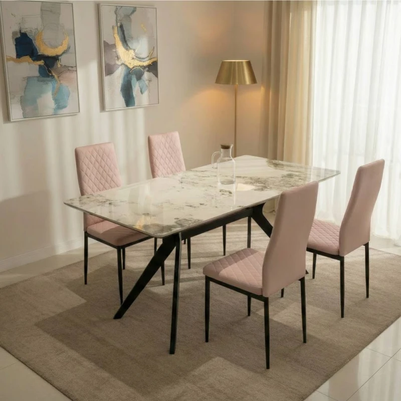 Image of Outdoor Living San Diego Marble Top Dining Table with Emily Leather Chairs in Pink Pink Unisex