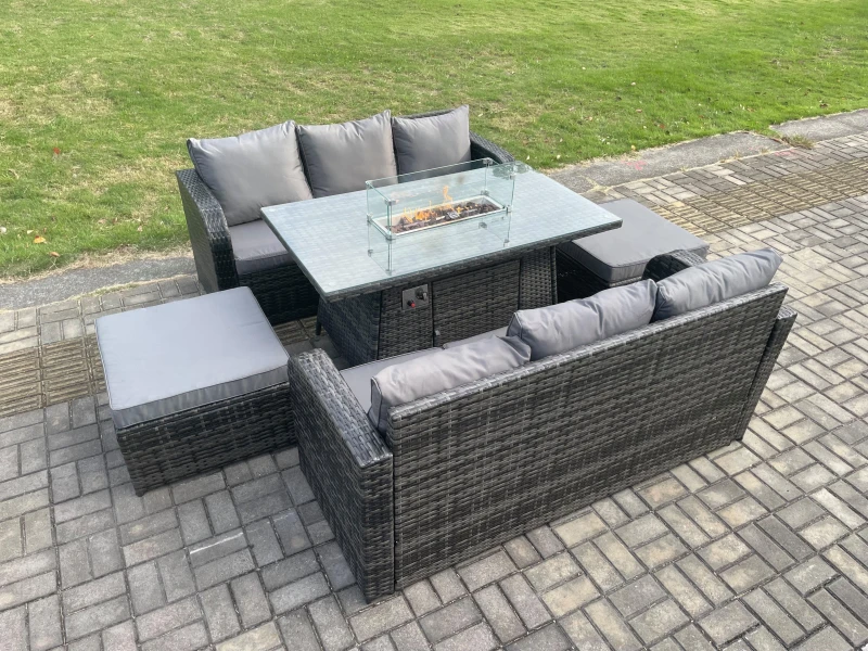 Image of Fimous Garden Patio Furniture Wicker Rattan Gas Fire Pit Table and Sofa set with 2 Big Footstool Dark Grey
