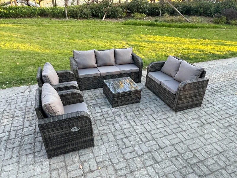Image of Fimous 7 Seater Garden Furniture Set Rattan Outdoor Lounge Sofa Chair With Tempered Glass Table Dark Grey Mixed Dark Grey