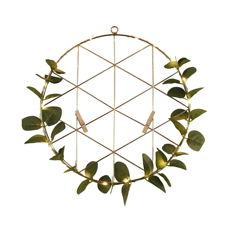 Image of Lighting Collection Kota Gold & Green Wire Grid With LED Lights & Leaves