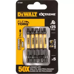 Image of DEWALT Torx Extreme Impact Torsion Screwdriver Bit T25 50mm Pack of 5