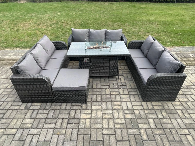 Image of Fimous Rattan Furniture Garden Dining Set Gas Fire Pit Table With 3 Seater Sofa Footstool Dark Grey Mixed Dark Grey