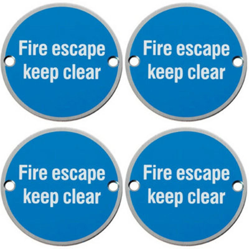 Image of Loops 4x Fire Door Keep Clear Sign 64mm Fixing Centres 76mm Dia Satin Steel Metallics