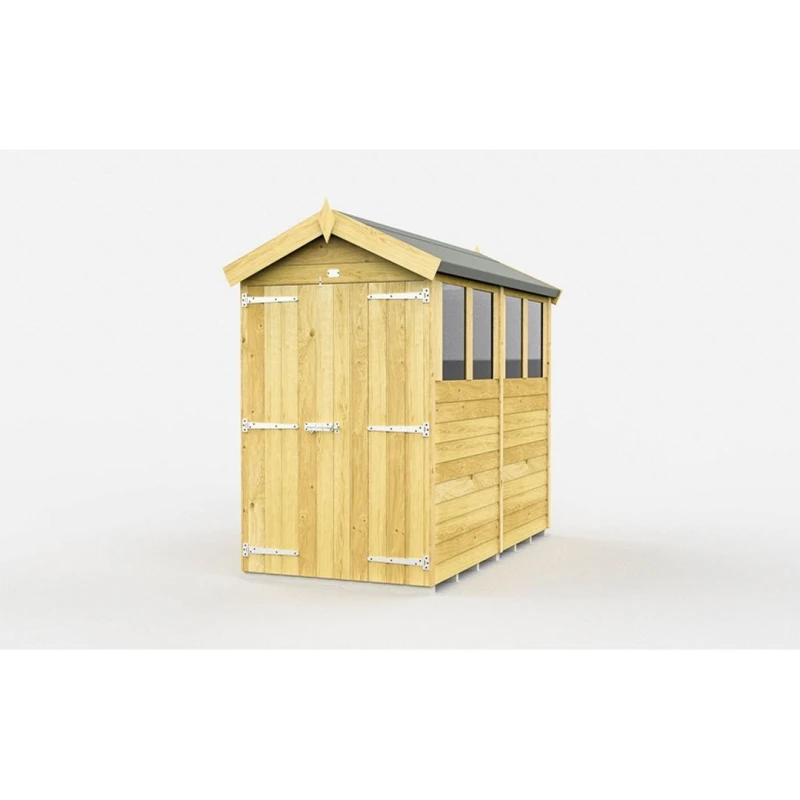 Image of Buttercup Farm 4 x 8 Feet Apex Shed - Double Door W/ Windows - L243 x W118 x H217cm in Brown Brown Unisex