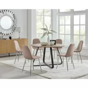 Image of Santorini Brown Round Dining Table And 6 Cappuccino Corona Faux Leather Dining Chairs with Silver Legs Diamond Stitch - Cappuccino