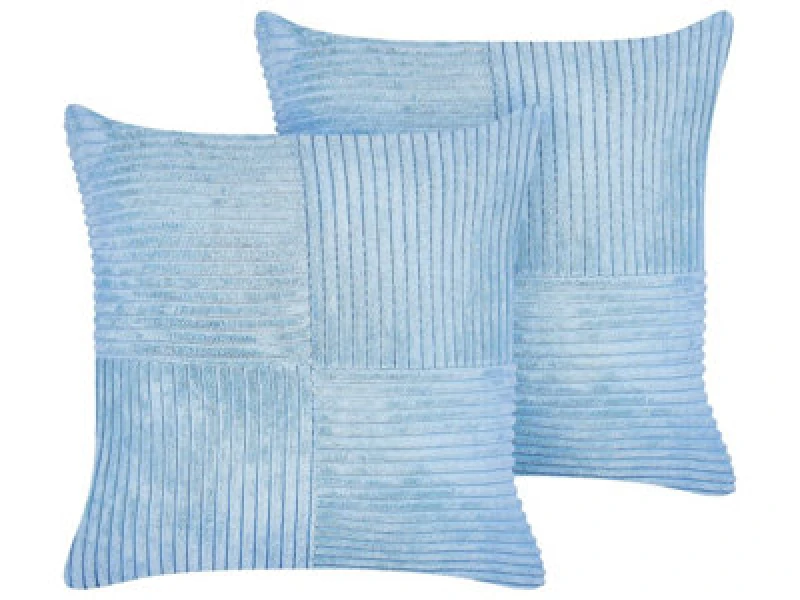 Image of Beliani Set Of 2 Decorative Cushions Millet Corduroy 43 X 43cm Blue Geometric Pattern
