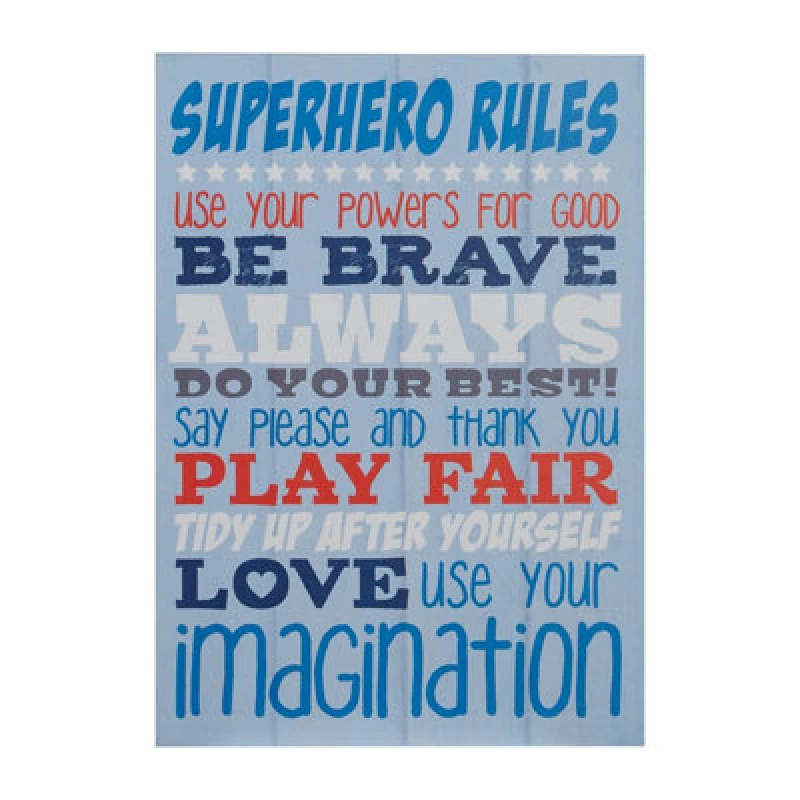 Image of Premier Housewares Kids Superhero Rules Wall Plaque, Inspirational and Educational Modern Wall Art for Kids, MDF Wall Plaque Blue