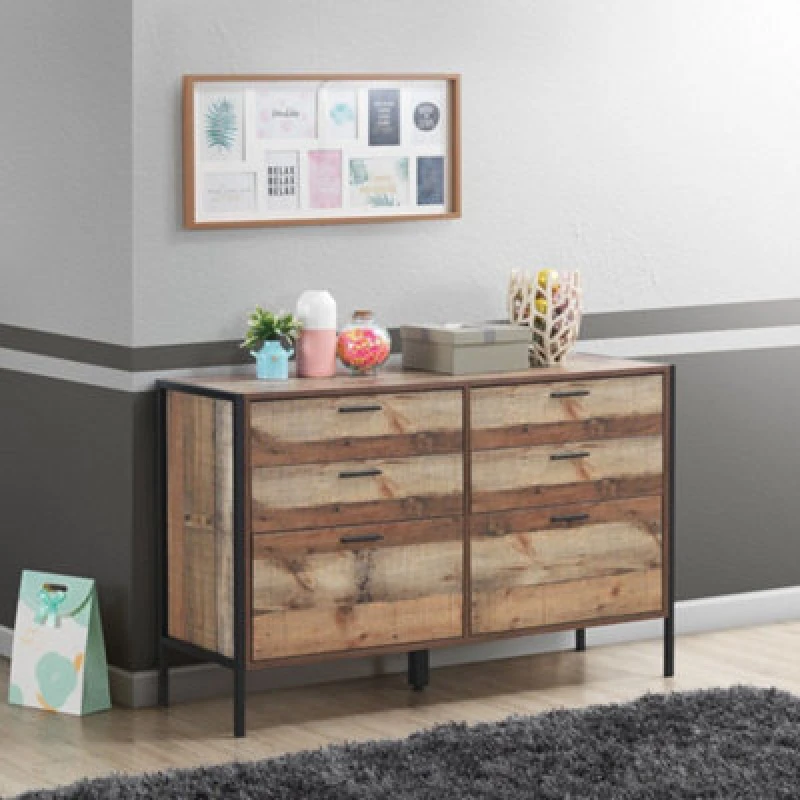 Image of Timber Art Design Stretton Rustic Chest 6 Drawers Bedroom Living Room Storage Industrial Oak