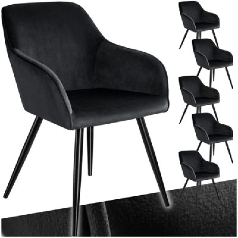 Image of Tectake Set Of 6 Dining Chair Marilyn - With Armrests, Padded, Velvet Look, Black Steel Legs - Black