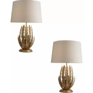 Image of 2 pack Ornate Gold Table Lamp & Ivory Cotton Fabric Shade Decorative Leaf Design