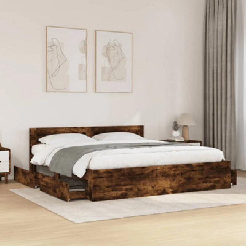 Image of VIDAXL Bed Frame with Headboard without Mattress Smoked Oak 180x200cm Super King Vidaxl 8721102855498
