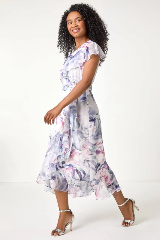 Image of Roman Womens Petite Floral Print Wrap Frill Midi Dress in Grey Size: 14 Grey Female 14