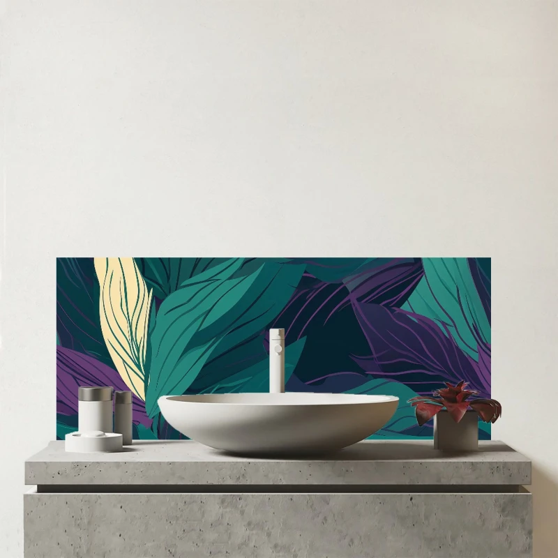 Image of Warren Reed - Designer Green Purple Tropical Leaves Glass Bathroom Splashback Green Unisex