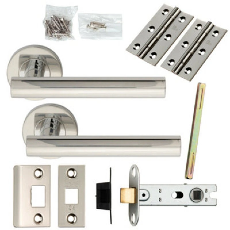Image of Loops Door Handle & Latch Pack Polished Steel Round T Bar Lever Screwless Rose Metallics