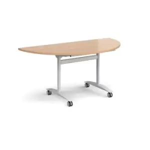Image of Semi circular deluxe fliptop meeting table with white frame 1600mm x 800mm - beech