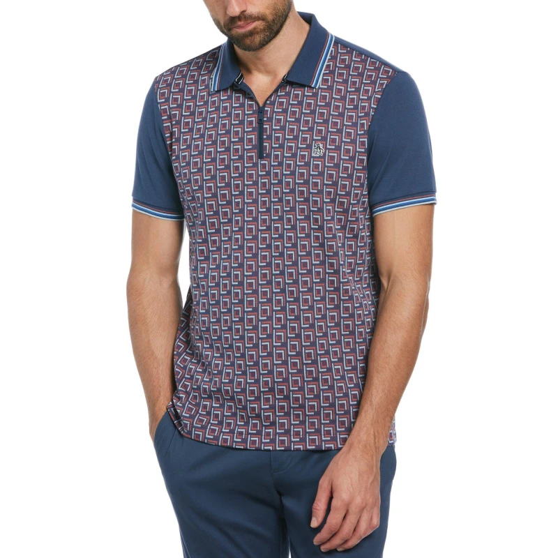 Image of Original Penguin Mens Jacquard Quarter-Zip Short-Sleeve Polo Shirt Sargasso Sea male Small