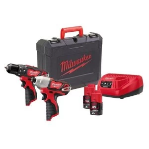 Image of Milwaukee Power Tools M12 2BPP2B-202C Brushed Twin Pack 12V 2 x 2.0Ah Li-ion