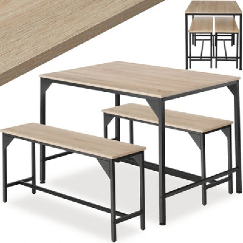 Image of Tectake Dining Table Set Bolton - 3 Piece, 2 Benches - Industrial Wood Light, Oak Sonoma