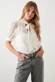 Image of Cream Short Sleeve Pussybow Blouse