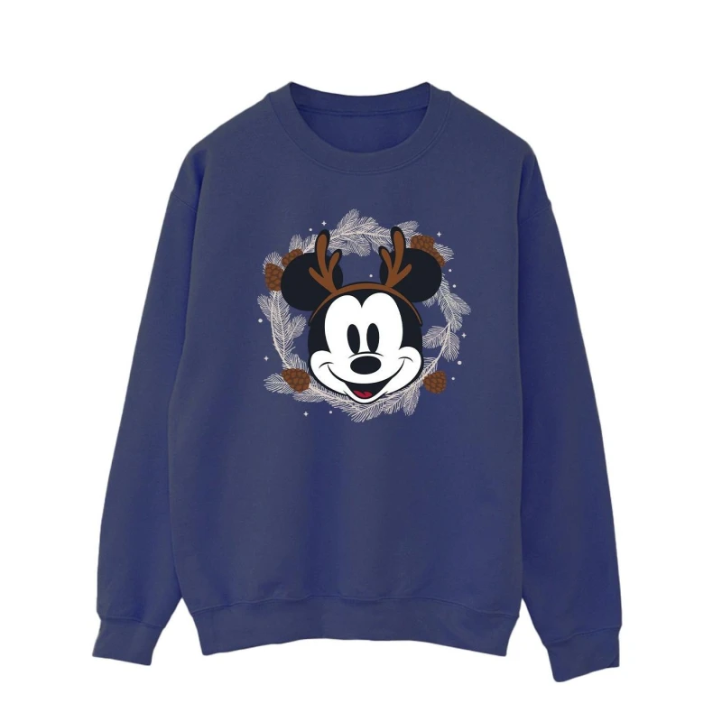 Image of Disney Men Mickey Mouse Reindeer Wreath Sweatshirt in Navy Size: Small Navy S Male 5063376841078