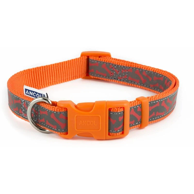 Image of Ancol Orange Reflective Bone Patterned Collection Size 2-5 Dog Collar Orange