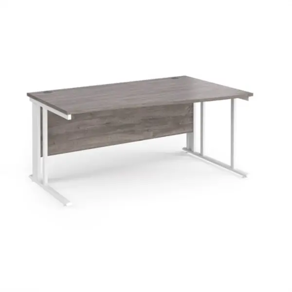 Image of Maestro 25 right hand wave desk 1600mm wide - white cable managed leg frame, grey oak top