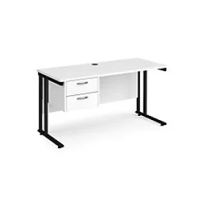 Image of Rectangular Straight Desk with Cantilever Legs White Wood Black Maestro 25 1400 x 600 x 725mm 2 Drawer Pedestal