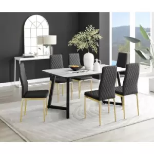 Image of Furniturebox UK - Furniturebox Carson White Marble Effect Rectangular 160cm Dining Table & 6 Black Milan Gold Leg Faux Leather Chairs