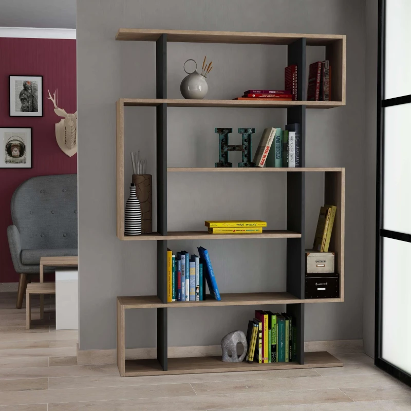 Image of DECORTIE Decortie - Mito Modern Bookcase Display Unit Tall 161cm - Natural Oak Effect Anthracite Grey - Anthracite Grey M.KT.02.13160.3