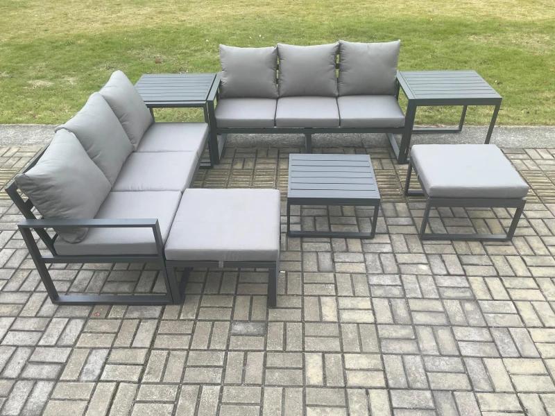 Image of Fimous Aluminium 8 Seater Outdoor Garden Furniture Lounge Sofa Set with Square Coffee Table 2 Side Tables 2 Big Footstools Dark Grey Dark Grey Unisex