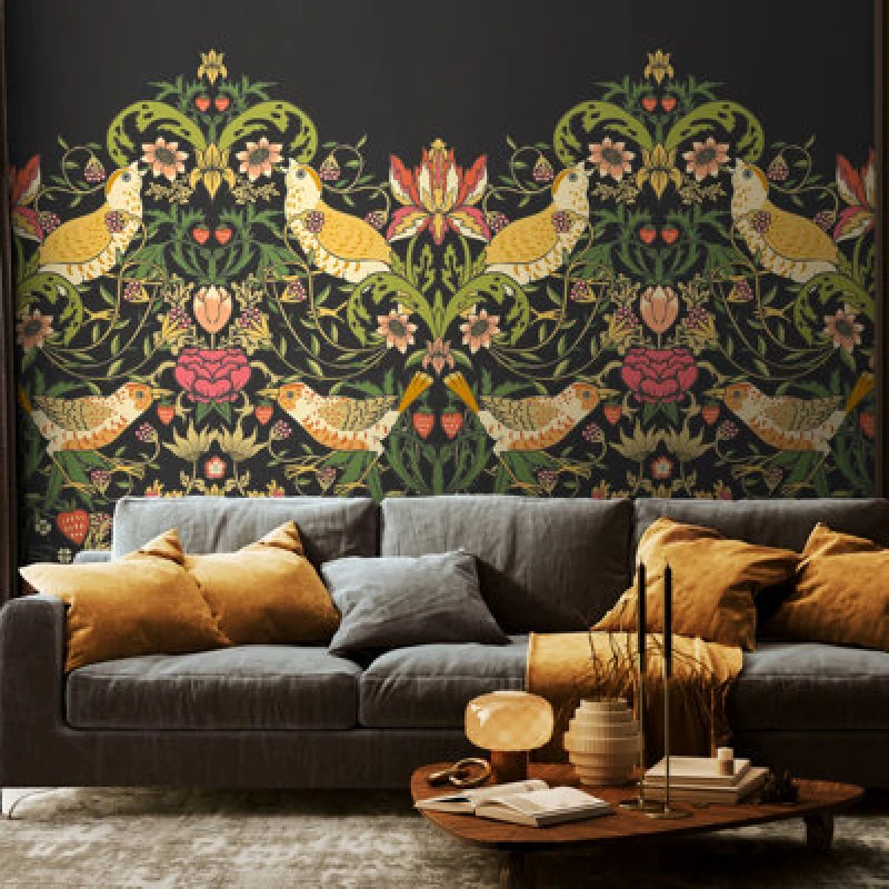 Image of Origin Murals Birds, Fruit And Foliage - Black And Olive Matt Smooth Paste The Wall Mural 350Cm Wide X 280Cm High