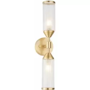 Image of Satin Brass Twin Wall Light & Ribbed Glass Shades - Frosted Glass Inner Defusers