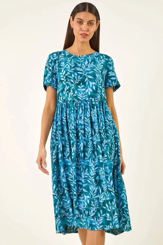 Image of Roman Womens Leaf Print Smock Midi Dress in Blue Size: 20 Blue Female 20