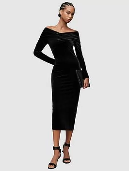 Image of AllSaints Delta Off Shoulder Velvet Midi Dress