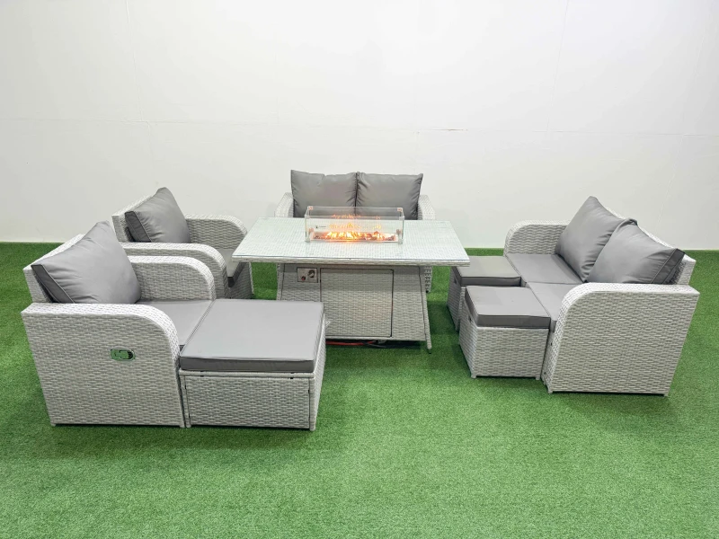 Image of Fimous 9 Seater Outdoor Reclining Chair Love Sofa Set Rattan Garden Furniture Set with Firepit Dining Table 3 Stools Light Grey Light Grey