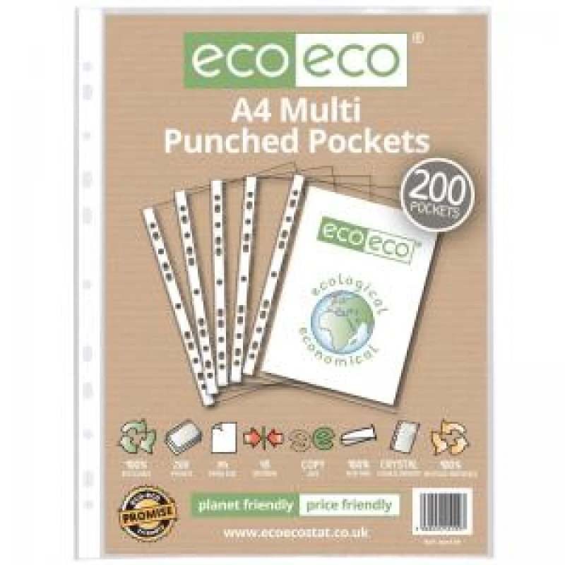 Image of Eco Eco 100% Recycled Punched Pocket A4 Clear (200 Pack) eco129-S